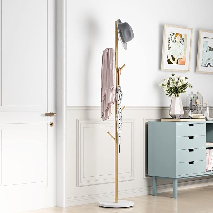 Gold Coat Racks with 8 Hooks, Branches Coat Tree Entryway, Freestanding | Modern Hat Rack, Easy to Assemble, Heavy Stable Marble Base