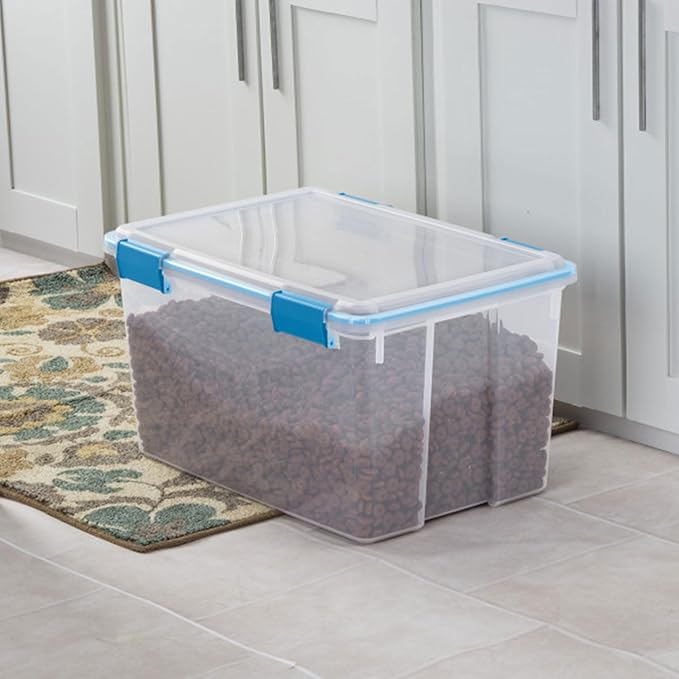 Sterilite Gasket Storage Box with Lids for Home & Office, 54 Quart, 8-Pack | Heavy-Duty, Stackable, and Organizing Containers for Bathroom, Cabinet, Closet, and Garage, Clear and Blue Aquarium Latches