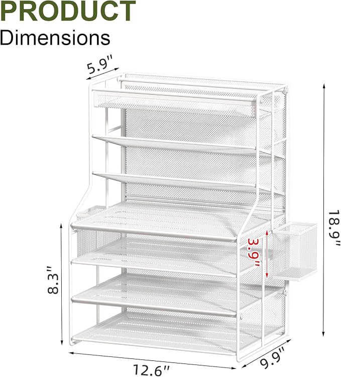 White 7 Tier Desk File Organizer, Metal Letter Tray Paper Organizer with Pull-Out Drawer, Removable Pen Holder & Hanging Basket, Vertical Desktop File Holder for Home Office, Classroom