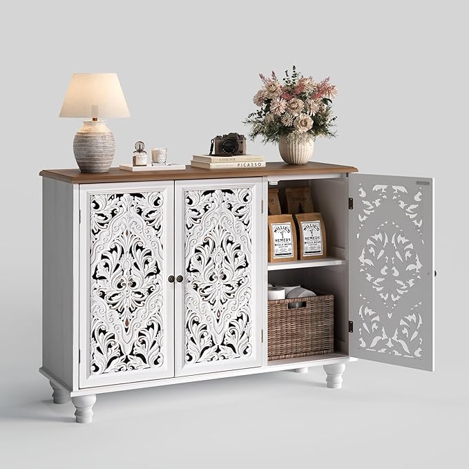 JOINICE 42.5" Accent Storage Cabinet with 3 Carved Doors,Mandala White | Versatile Storage for Living Room & Dining Room & Bedroom & TV Stand, Solid Wood Legs, Boho/Farmhouse/Rustic, Easy Assembly