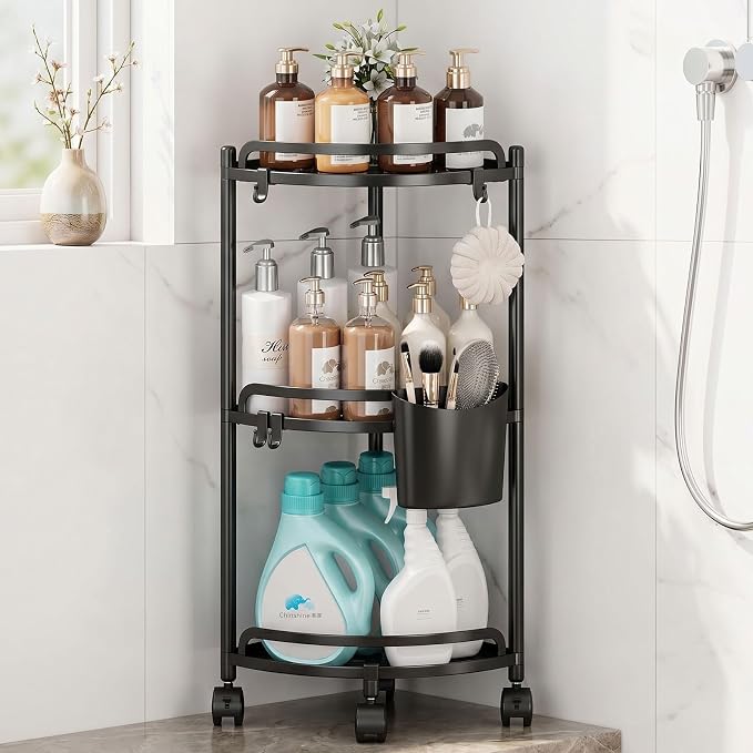 ZVZM Corner Shower Caddy Standing, 3 Tier Bathroom Shower Shelves Organizer Storage with Toothbrush Holder and 4 Hooks, Large Capacity Corner Shelf for Bathroom, Kitchen