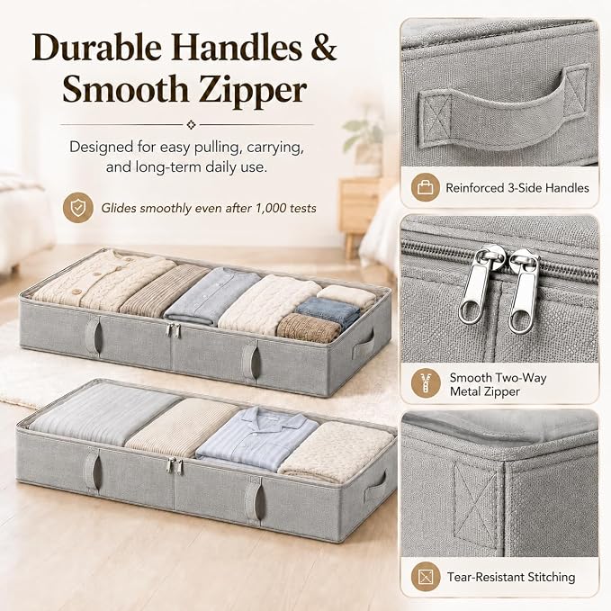 Vailando Storage Containers, 8 Inches Tall 80L Underbed Storage Bins with Sturdy Handles and Sidewalls, Closet Organizer for Clothes, Blankets, Seasonal Items, Light gray, 2-Pack