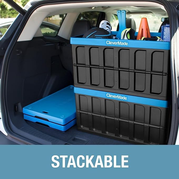 CleverMade Collapsible Storage Bins with Lids, 46L, 3 Pack, Obsidian | Each bin supports 75 lb and stacks with or without its lid. The lid stores underneath, and the crate folds to 2.5 inches.
