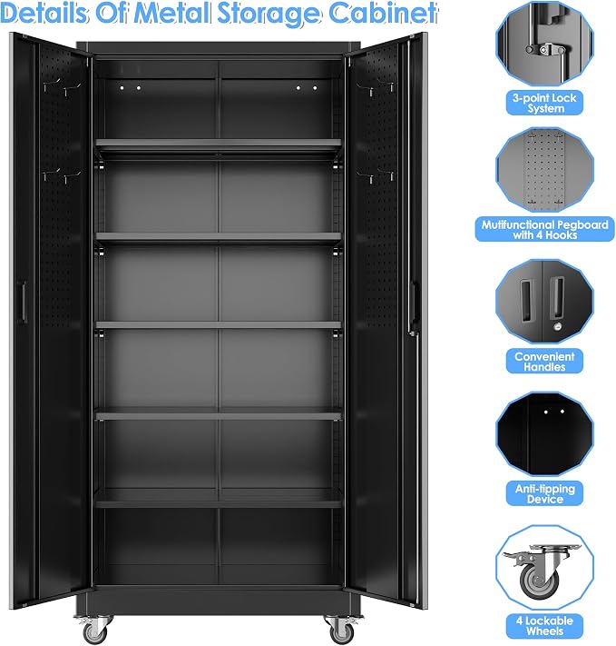 Aobabo Black Metal Garage Storage Cabinet with Wheels, 34"W x 18"D x 71"H | 5 adjustable shelves hold up to 170 lb each; 4 lockable casters and lockable doors organize tools and supplies.