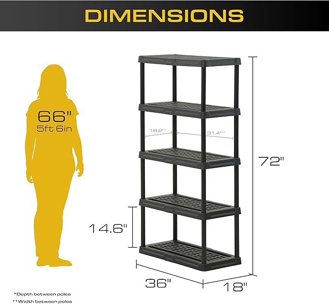CENTREX 5-Tier Heavy Duty Plastic Storage Shelves for Garage, 2 Pack | Utility racks for garage, pantry, or closet organization, Easy assembly, 5 tier at 150lb/shelf, 72"H x 36"W x 18"D