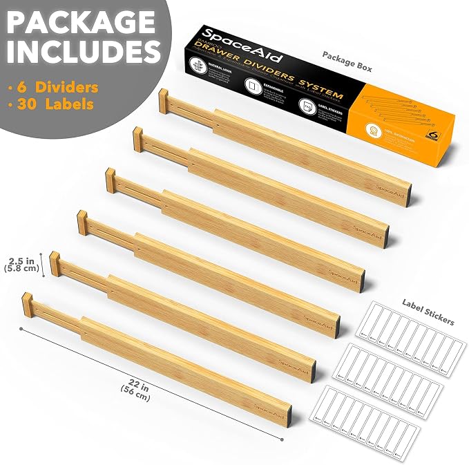SpaceAid Bamboo Drawer Dividers with Labels, Kitchen Adjustable Drawer Organizers, Expandable Organization for Home, Office, Dressers and Bathroom, 6 Dividers (17-22 in) (Pack of 2)