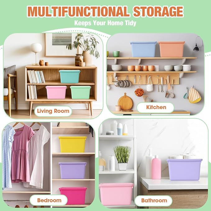 Potchen 8 Pack Small Stackable Storage Bins with Lids Plastic Storage Boxes for Classroom 9.8" ×7.3" ×5.7" Decorative Organizer Bins for Craft Art Office Teacher Supplies (Mixed Color)