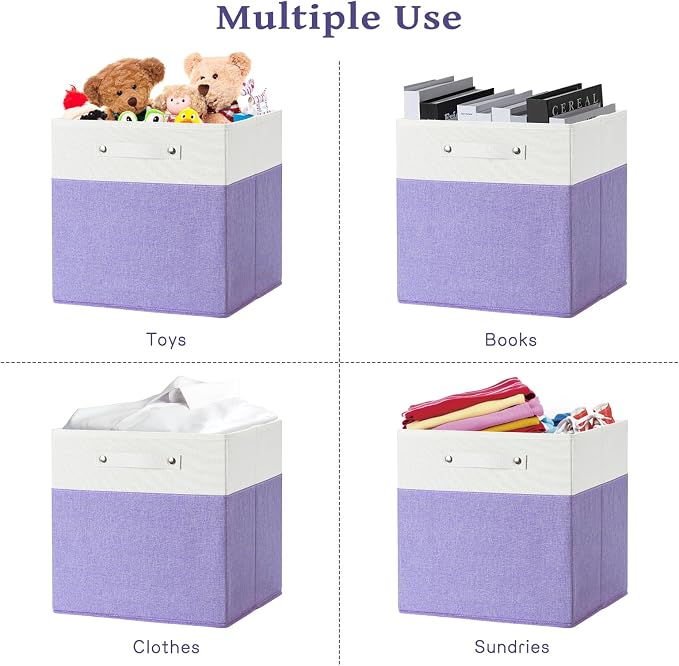 FinishingBo 13x13x13 Storage Cube Bins 6 Pack, Cube Shelf Baskets | Foldable Storage Cubes, Linen Storage Bins with Handles, Closet Organizers, White/Purple