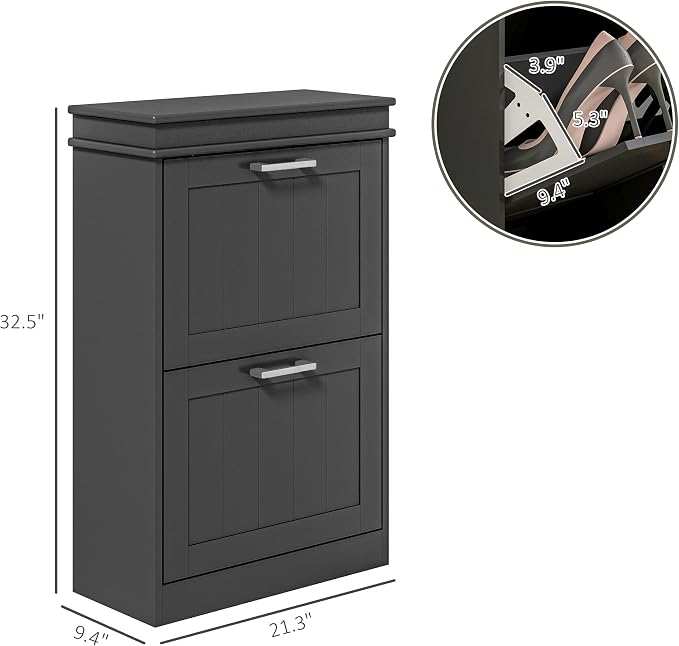 HOMCOM Narrow Shoe Cabinet with 2 Flip Drawers, Modern, for Entryway, Black | Freestanding Small Shoe Storage Cabinet, Adjustable Shelves, Hallway
