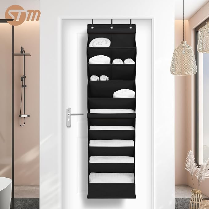 STORAGE MANIAC Over the Door Shoe Organizer with Curtain Dustproof Heavy-Duty Large Deep Pocket Hanging Shoe Organizer for Closet Dorm & Narrow Door Storage Shoe Holder Shoe Rack, 9-Shelf Black 1 Pack