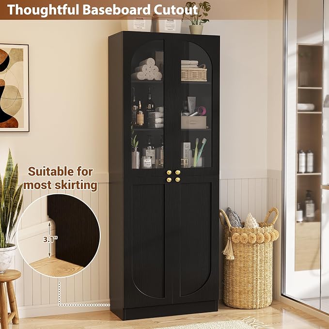 Cyclysio 80" Kitchen Pantry, Tall Arch Storage Cabinet with Tempered Glass & Soft Close Doors, Freestanding Wood Floor Cupboard Bookcase with Seamless Fit Wall for Dining Room, Living Room, Bathroom