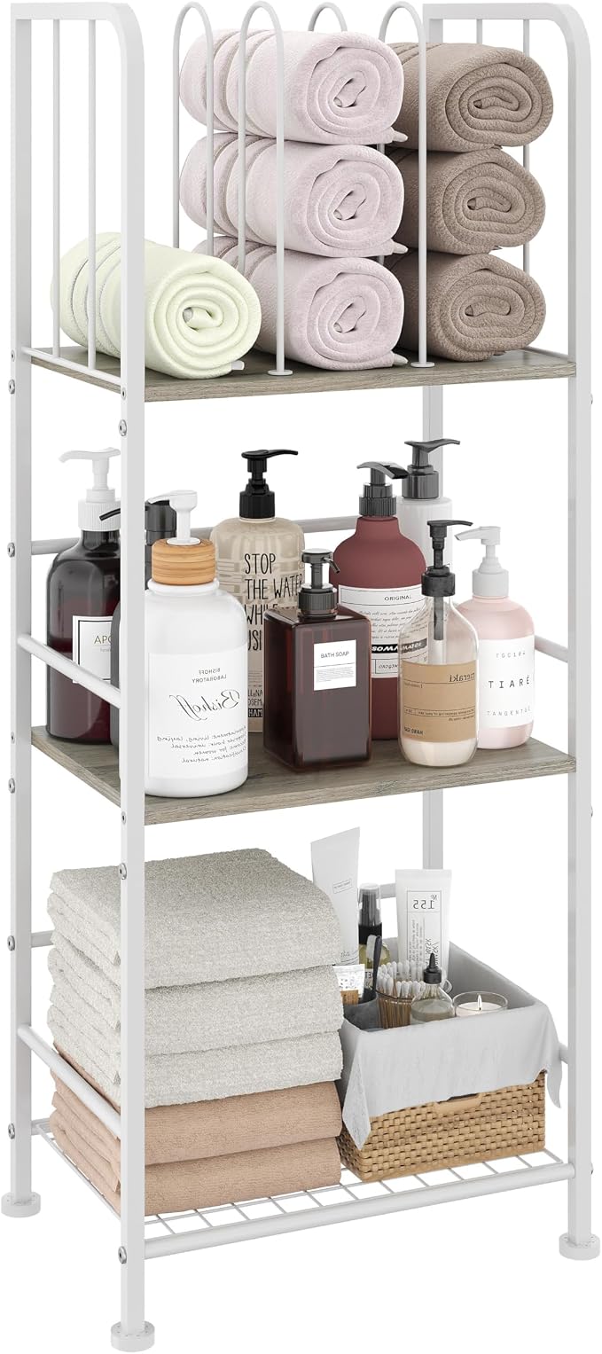 3-Tier Freestanding Towel Racks for Bathroom, White Towel Rack Stand | Detachable M-shaped Dividers for Bath Towel Storage Premium Iron & Wood Holder Crafted for Bathroom Organization