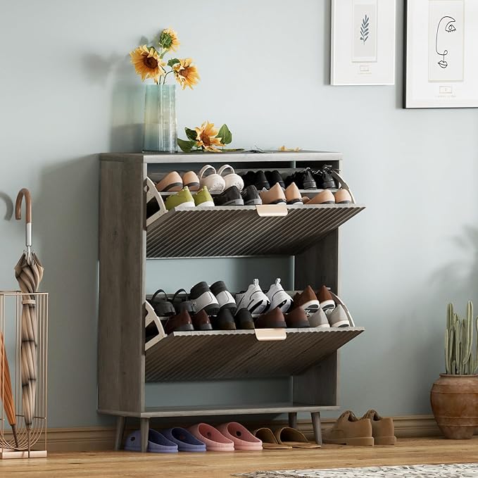 Shoe Cabinet Storage,Modern Freestanding Organizer with 2 Flip Drawers,Narrow Shoe Rack Cabinet for Entryway,Grey