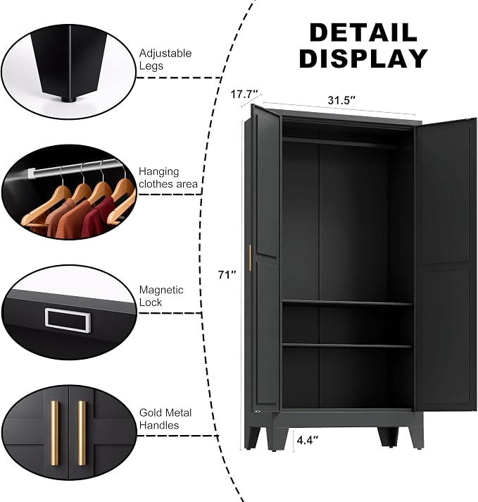 71" H Black Pantry Cabinet,Metal Storage Cabinets with Doors and Shelves,Tall Food Kitchen Cabinets,Farmhouse Kitchen Cabinet,Freestanding Cabinet
