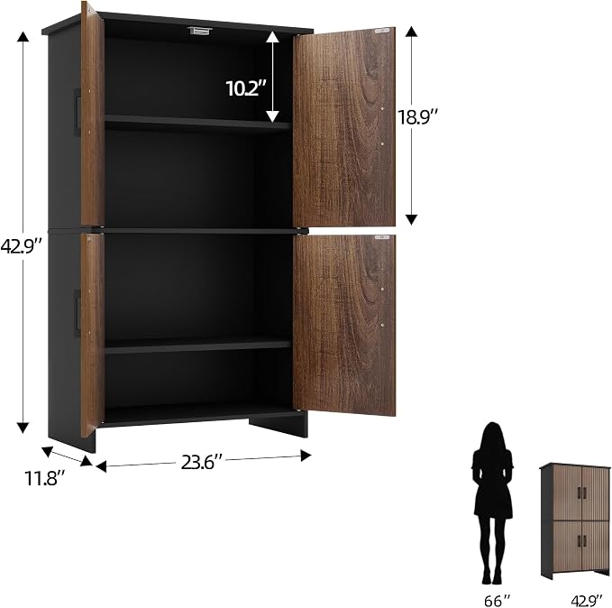 Bathroom Storage Cabinet, Floor Cabinet with 4 Fluted Doors and 2 Adjustable Shelves Wooden Tall Freestanding Organizers and Storage,Black