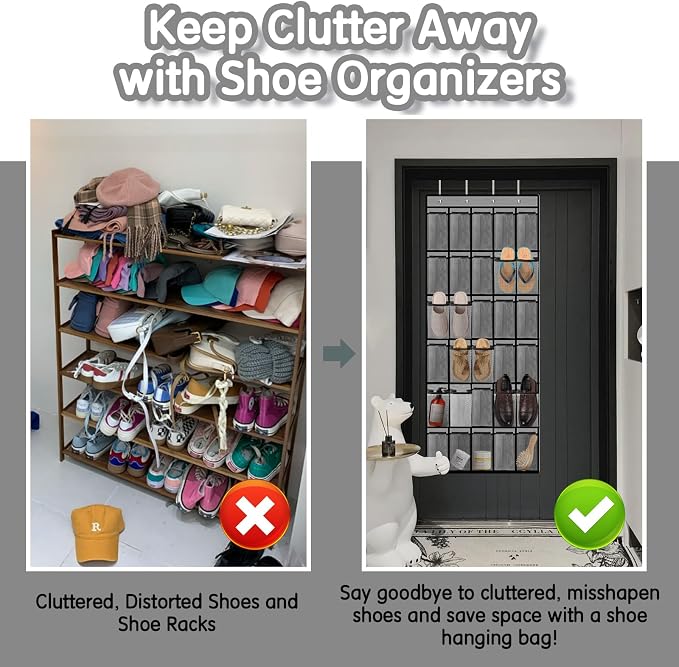 Kotkn Over the Door Shoe Organizer with 30 Breathable Mesh Pockets - Large Capacity Closet Storage for Men & Women, Hanging Shoe Rack Organizer (Gray)