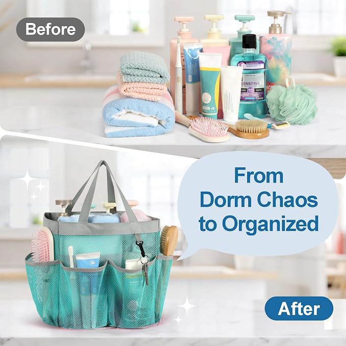 Mesh Shower Caddy Portable - 8 Pockets, S-Hook, Shower Bag for Dorm Camping | 2-Handle, Quick-Dry, Hanging Toiletry Organizer, College Dorm Room Essentials for Girls, Gym, Travel & Bathroom, Mint Green