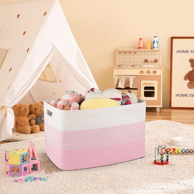 OIAHOMY 108L Super Large Blanket Basket For Living Room, 25”x16”x16” Rectangle Woven Baskets For Storage, Toy Storage with Handle - Pink&White