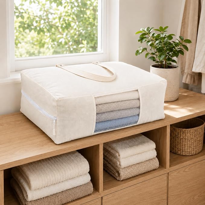 2 Pack Canvas Storage Bags for King/Queen Comforters Blanket, 25"x19"x9" | Fine Mesh Window & Handles, Cotton Blend Canvas, Breathable, Dustproof, Mothproof, for Duvet Sheets Bedding Pillows Clothes