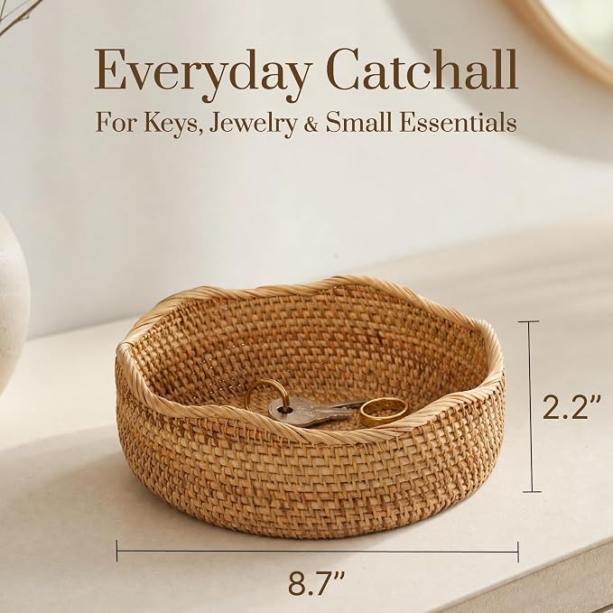 YANGQIHOME Rattan Bread Basket, Round Fruit Baskets, Wicker Storage Bowls, Natural Woven Serving Basket Bowls, Decorative Baskets for Kitchen Counter Organizing (Natural S)