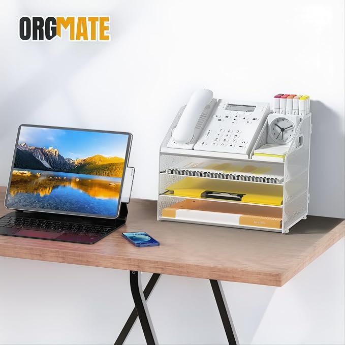 4 Tier Mesh Desk Organizer with Pen Holder and Handle Letter Tray | Metal desktop document shelf and paper sorter. Premium mesh workspace storage for office, home, and classroom