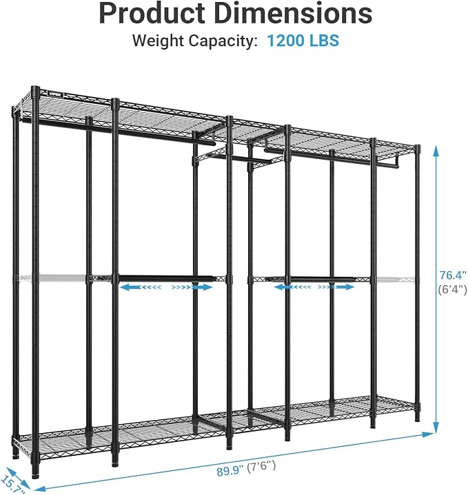VIPEK V50 Basic Expandable Clothes Rack, Heavy Duty Closet System, Black | 1300 Lb Capacity, 10 Shelves, 4 Hanging Rods, Open Closet, L-Shape/Straight, Heavy-Duty Steel, for Bedroom/Reach-In Closet