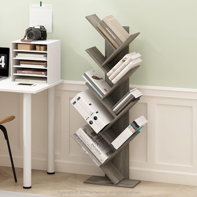Furinno TREE Book Shelf, 9-Tier Bookshelf, Tree Bookcase with Angled Open Shelf, 8.4 x 15.7 x 50.9, Corner Shelf for Room Decor, for Living Room, Bedroom, Home Office, French Oak