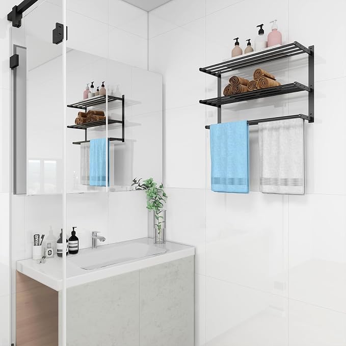 Bethom Bathroom Towel Rack with 2 Bars, 24 Inch Towel Shelf, Matte Black | 3-Tier Hotel Towel Racks for Bathroom Wall Mounted, Bath Towels Storage, Stainless Steel