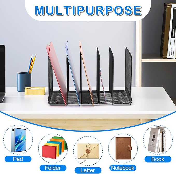 TOPCJ 5 Sections Desk File Holder/Rack/Sorter,Mesh File Organizer,File Folder Organizer,Metal Upright Desktop Organization for Documents,Magazine,Kitchenware,Antiskid,Antirust,Sturdy,2 Packs