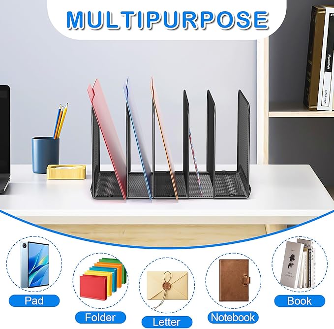 TOPCJ 5 Sections Desk File Holder/Rack/Sorter,Mesh File Organizer,File Folder Organizer,Metal Upright Desktop Organization for Documents,Magazine,Kitchenware,Antiskid,Antirust,Sturdy,1 Pack