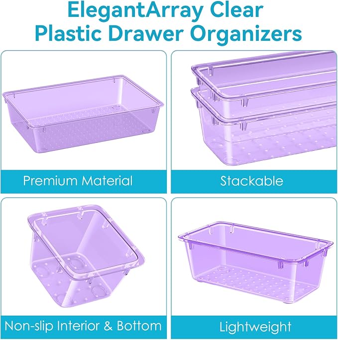 12 PCS Drawer Organizer Set, Makeup Organizers, Tool Storage Trays, Pueple | 4 Sizes, Plastic, Stackable, Multiple Gadgets, Desk Drawer Divider Organizers, for Makeup, Office Supplies Storage