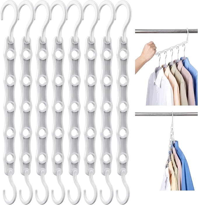 HOUSE DAY Space Saving Hangers 8 Pack, Closet Organizers and Storage | College Dorm Room Essentials with 5 Holes, Multi Hangers in One Magic Multipurpose Hangers Cascading and Sturdy - White