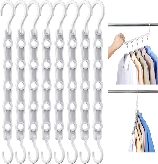 HOUSE DAY Space Saving Hangers 8 Pack, Closet Organizers and Storage | College Dorm Room Essentials with 5 Holes, Multi Hangers in One Magic Multipurpose Hangers Cascading and Sturdy - White