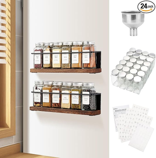 Magnetic Spice Rack Organizer with 12 Jars, 216 Labels, 1 Steel Funnel for Refrigerator，Microwave Oven - Full Set of Seasoning Organizer, Kitchen Gadgets