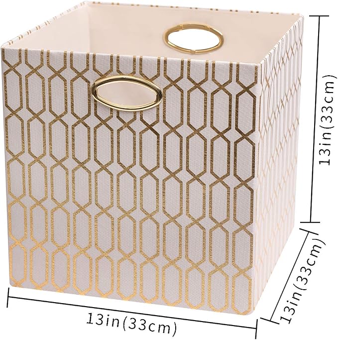 Posprica Storage Bins, Storage Cubes,13×13 Fabric Drawers Organizer Basket Boxes Containers (13×13×13/2pcs, Cream/gold geometry Pattern)