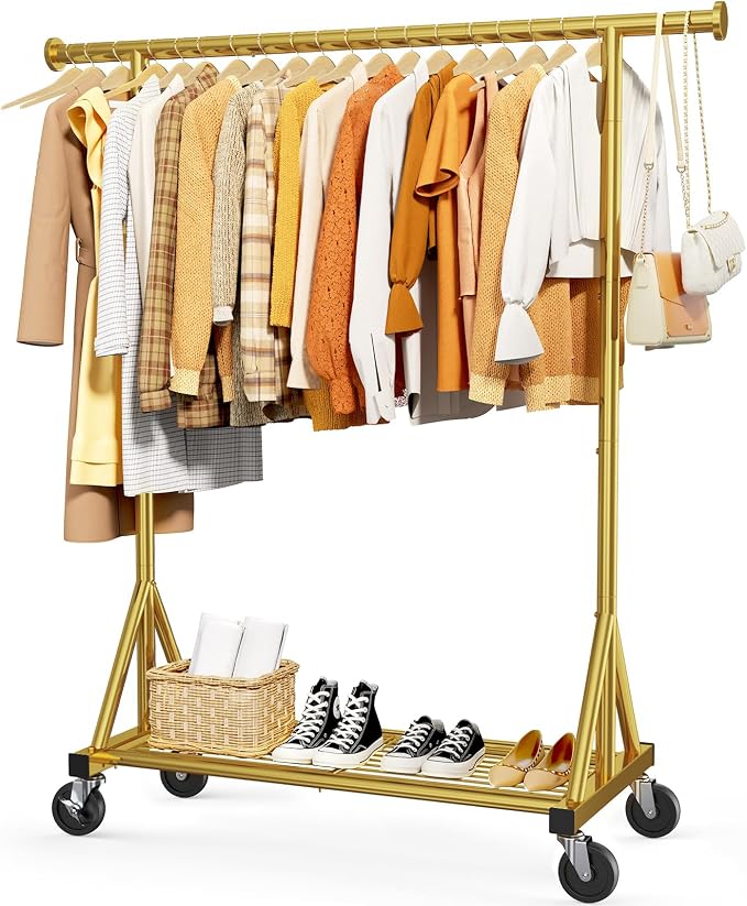 Sakugi Heavy Duty Stainless Steel Rolling Clothes Rack with Mesh Shelf, Lockable Wheels & Anti-Slip Stoppers, Large Capacity Clothing Organizer for Bedroom, Laundry Room, 42.5" x 16.5" x 65.9", Gold