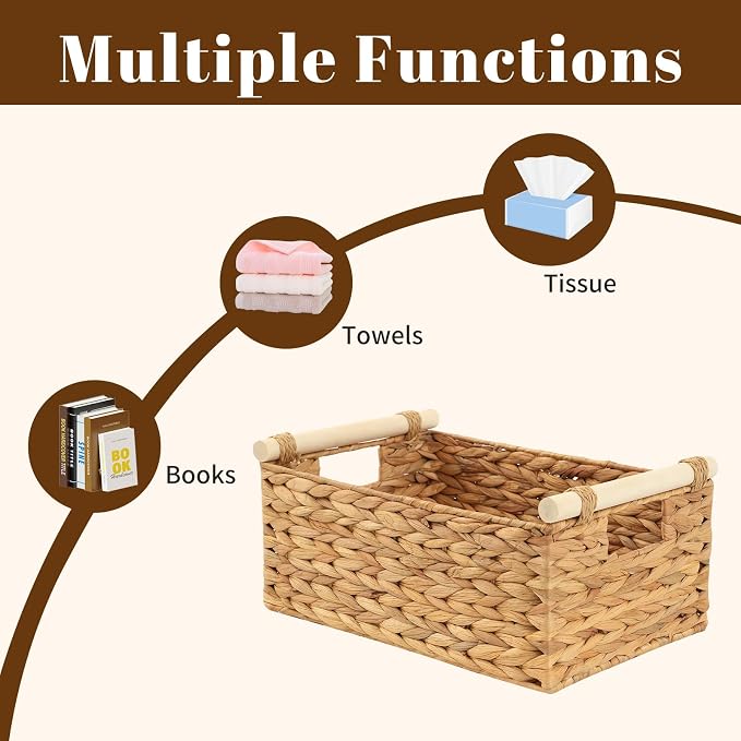 Woven Storage Baskets, Wicker Shelf Baskets, 3-Pack, 3 Sizes | 3-piece rectangular woven basket set in small, medium and large sizes; natural wicker organizers for shelves and cabinets.