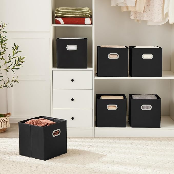 MAX Houser Fabric Storage Bins Cubes Baskets Containers with Dual Plastic Handles for Home Closet Bedroom Drawers Organizers (Black)