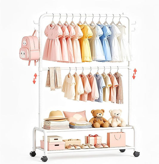 Rolling Kids Clothing Rack: 360° Wheels 2 Lockable for Easy Moving | 44 lb Hanging Capacity Metal Garment Rack with 2 Storage Shelves & 4 Hooks for Baby Toddler Young Kids, White
