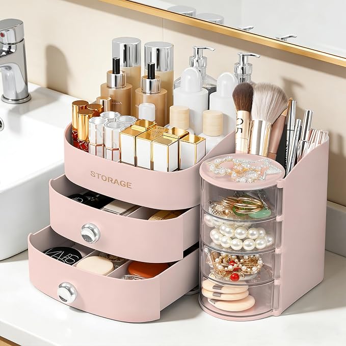 Makeup Organizer Countertop, Make Up Organizer for Vanity | Skincare & Cosmetic Organizers with Drawers, Bathroom Storage for Brush Holder|Lipstick|Jewelry, Ideal Gift for Women, Pink