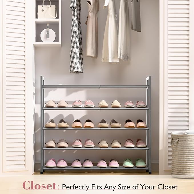 Bumusty 5 Tier Expandable Shoe Rack for Closet, Grey | 18"-33" Adjustable Shoe Rack for Entryway, Small Shoe Organizer for Dorm, Front Door, Sturdy Metal