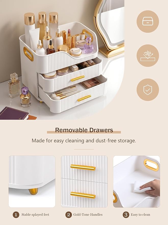 Booklov Large Makeup Organizer for Vanity, Bathroom Countertop, White | Plastic Cosmetic Display Case with Drawers, Beauty Brush Holder for Dresser Counter Skincare Eyeshadow Lipstick Storage