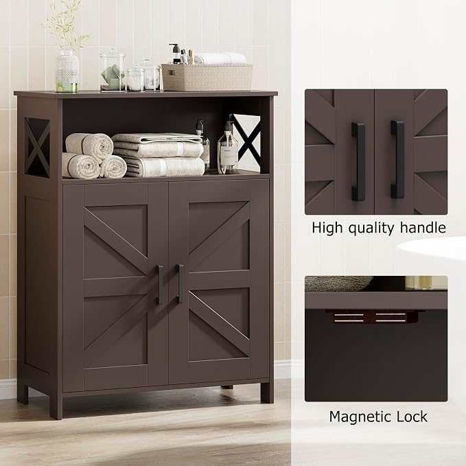 Homhedy Farmhouse Bathroom Storage Cabinet with Doors, Small Floor Cabinet | Toilet Paper Cabinet with Adjustable Shelf, Freestanding Storage Cabinet for Kitchen/Laundry/Living Room, 24"W, Brown