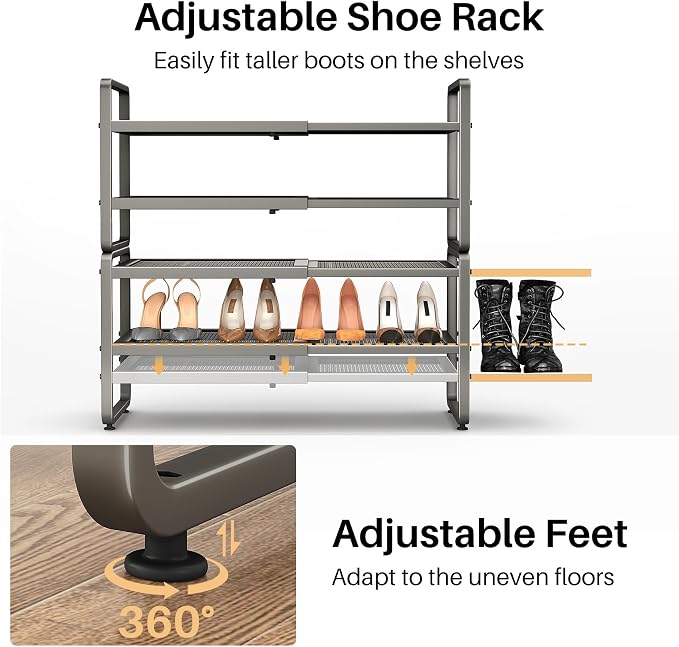 SNTD Shoe Rack - Expandable Shoe Organizer for Closet, Adjustable Metal Shoe Shelf Storage, Stackable Long Shoe Stand Holder for Garage, Entryway, Door Entrance (Grey, 4-Tier)