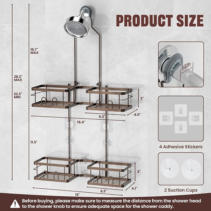 REINHARDT Adjustable Shower Caddy Hanging for Handheld Showerheads, Bronze | Patented Shower Organizer, Rustproof, 40lbs Capacity, Anti-Swing, Tool-Free, Suction Cups, 8 Hooks, Soap & Toothbrush Holder