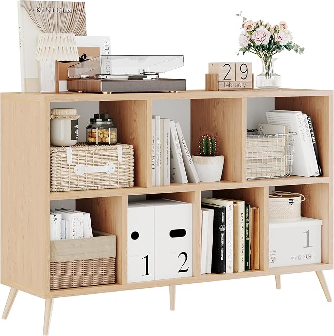 7-Cube Storage Organizer with Natural Wood Legs, Mid-Century Modern Bookcase and Display Cabinet, Freestanding Toy Storage Bookshelf for Living Room, Kids Room and Bedroom, Natural