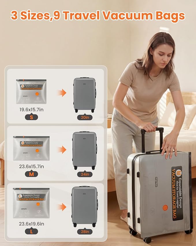 Vacuum Bags for Clothing Travel with Rechargeable Electric Pump, 9 Pack Compression Vacuum Storage Bags for Luggage and Seasonal Storage, Space Saver Seal Bags for Cruise and Vacation