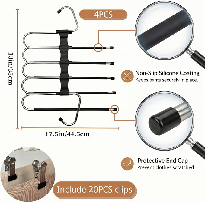 Pants Hangers Space Saving, 5 Tier Jeans Hanger for Closet, Black Multiple Heavy Duty Stainless Steel Pant Rack for Trousers, Legging with 20 Clips (4 Pack)