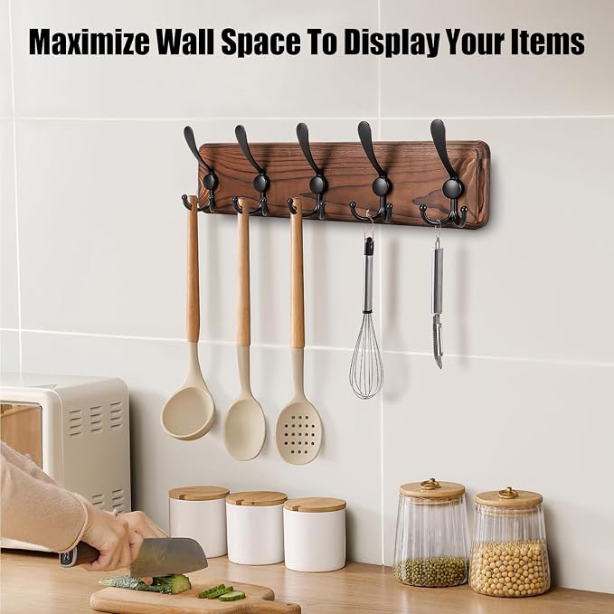 Gohiuo Rustic Wall Mount Coat Rack, Coat Hooks Wall Mount Wood Coat Rack with 5 Triple Hooks, Heavy Duty Wooden Wall Mounted Coat Hanger for Entryway, Farmhouse Hanging Coats, Hats, Bags,Towels