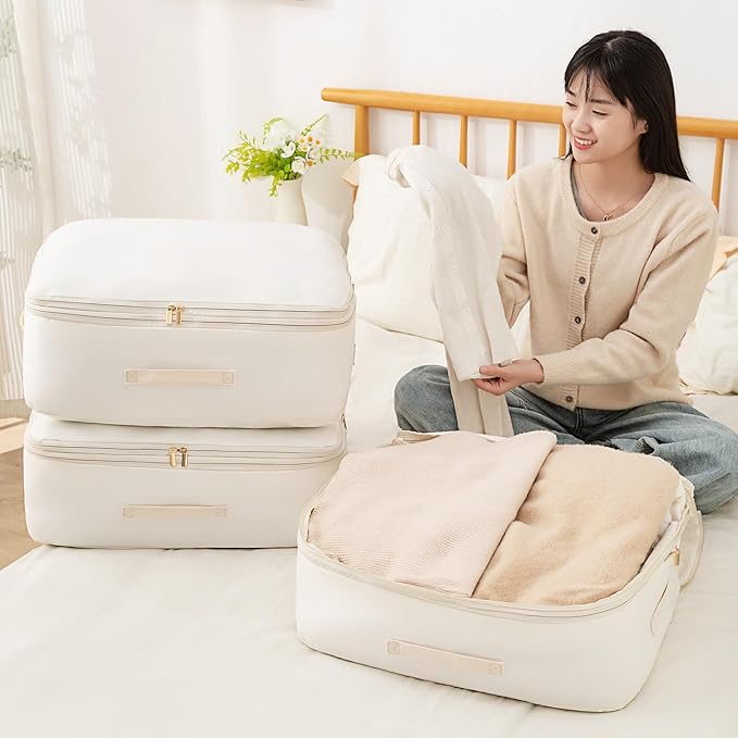 Ultra Space Saving Self Compression Organizer, Comforter Storage Bag for Clothes, Blankets, Pillows, Duvet, Comforters, Bedding Sets and Much More (Khaki,L - 54 * 42 * 30cm)